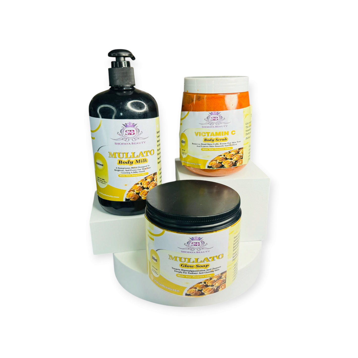 All bottles of the mulatto glow essentials on a white background