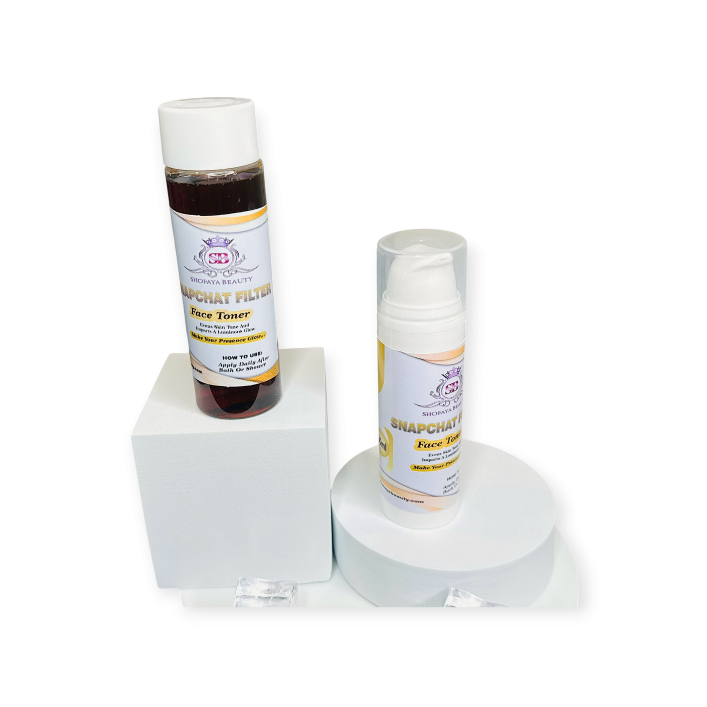 Bottles of the two variants of Snapchat filter face toner on a white background