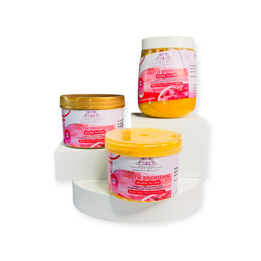 Three jars of Arbutin Brightening Body Scrub on a white background