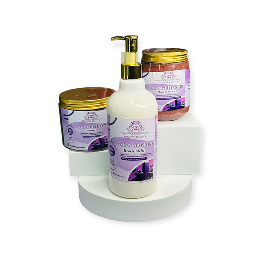 All bottles of Asian Glow Essentials Set on a white background 
