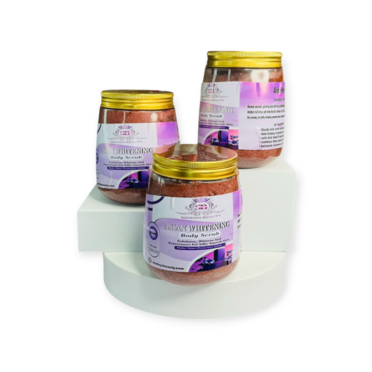 Three jars of Asian Whitening Body Scrub on a white background