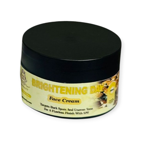 Jar of Brightening Day Face Cream with a black lid on a white background