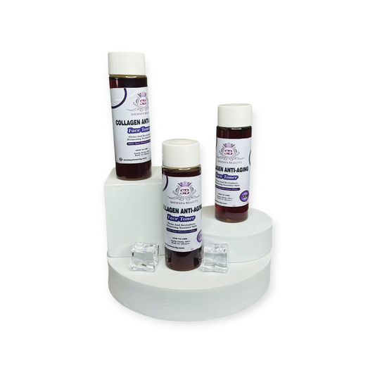Set of four Collagen Anti-Aging face toners on a white stand with a white background