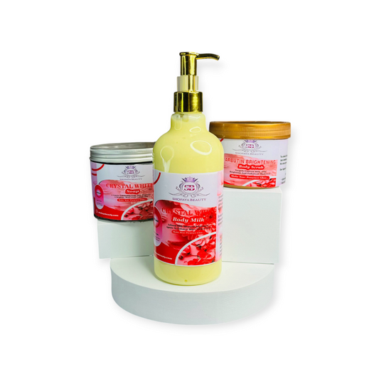 All bottles of Crystal White Essentials Set on a white background 