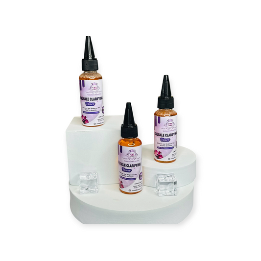 Three bottles of a product on a white stand with a white background