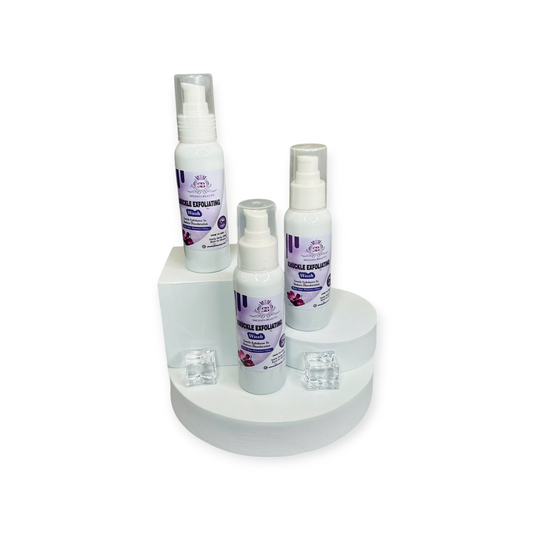Set of skincare products on a white stand with a white background