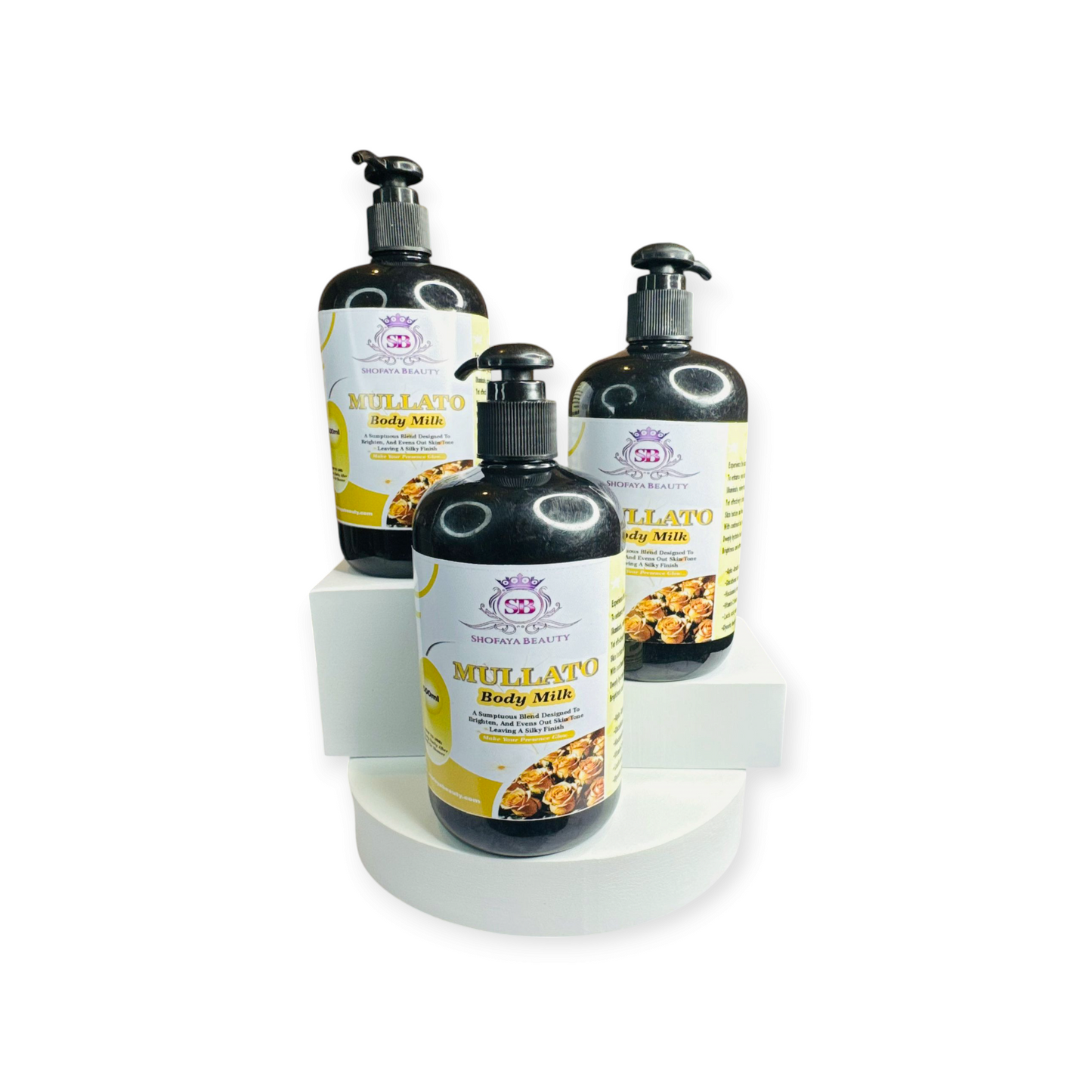 Three bottles of Mullato Body Milk on a white background