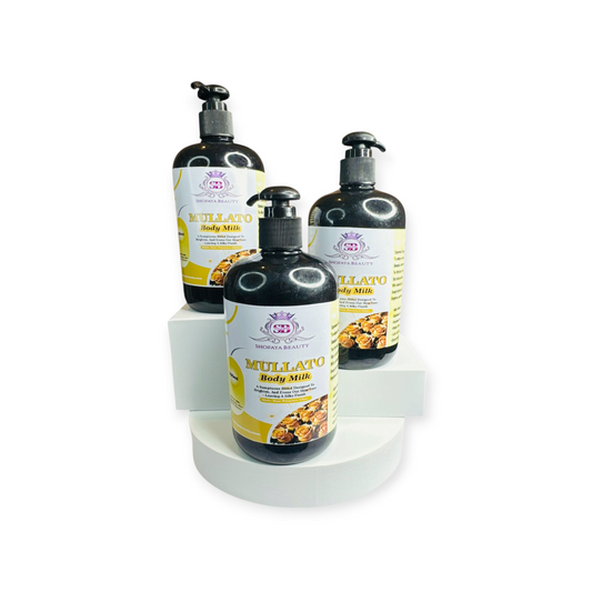 Three bottles of Mullato Body Milk on a white background