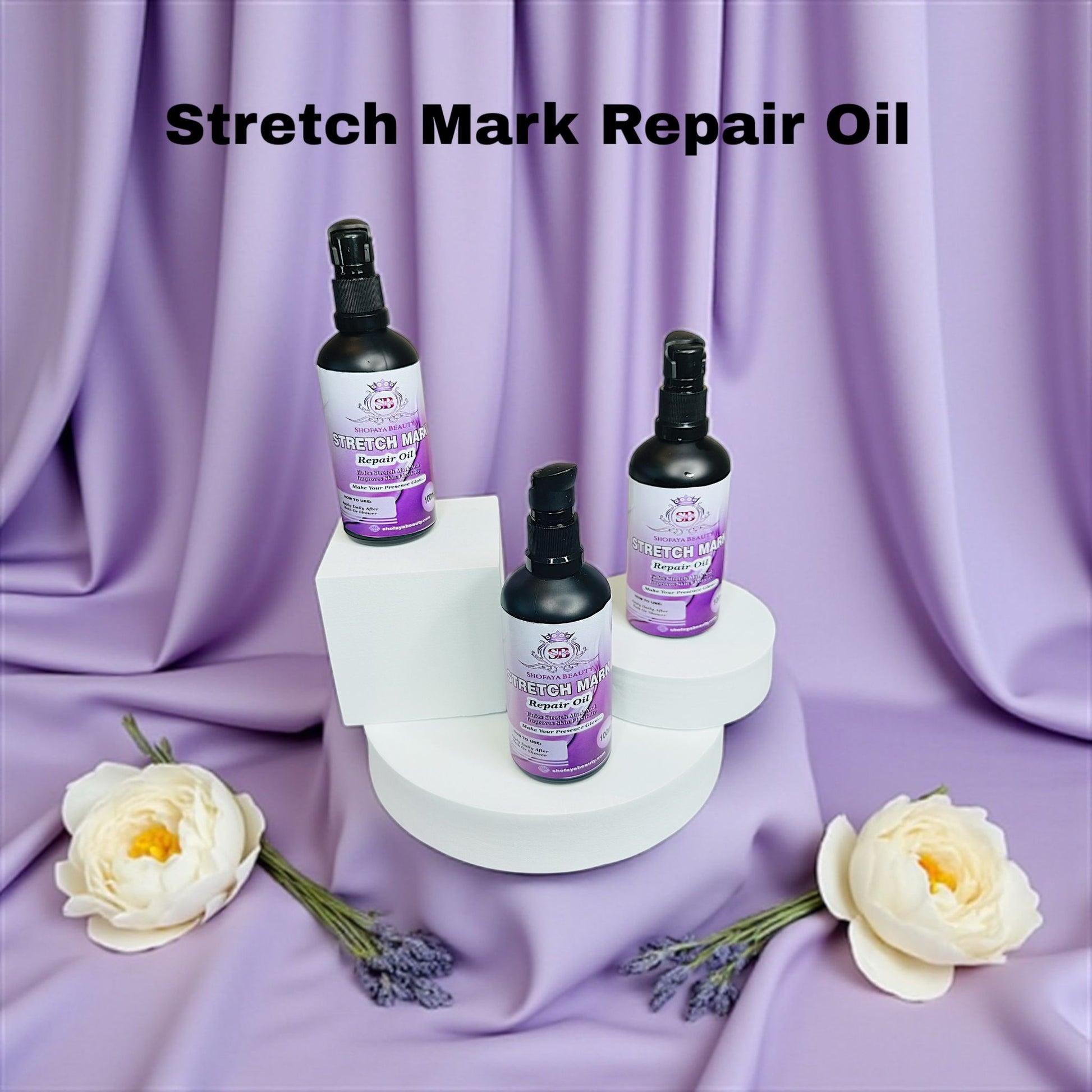 Three bottles of Stretch Mark Repair Oil on a purple background 