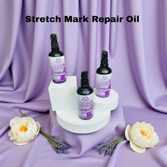 Three bottles of Stretch Mark Repair Oil on a purple background 